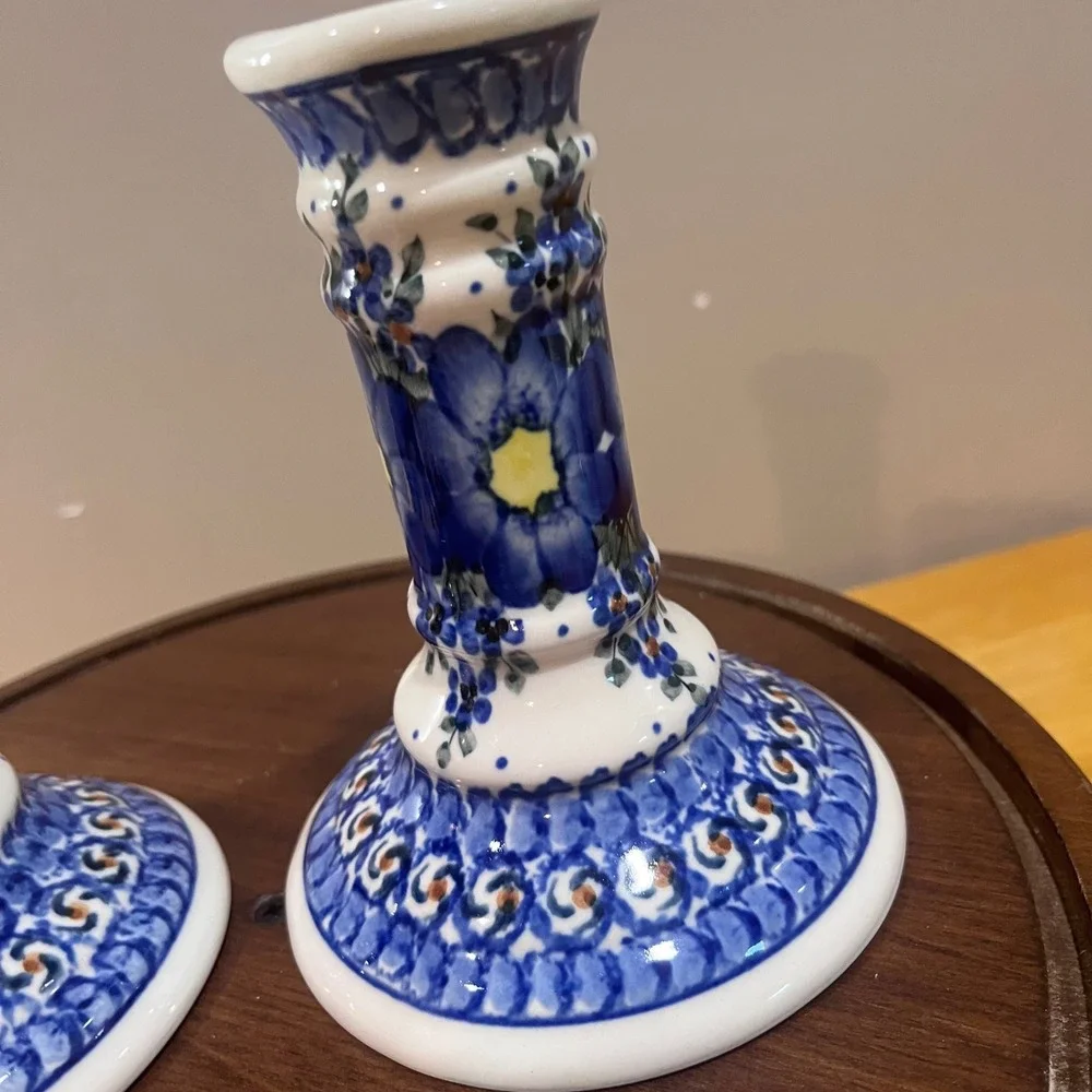 Vtg Polish Pottery Boleslawiec Unikat Blue Floral Candle Holders M Czonka Pair